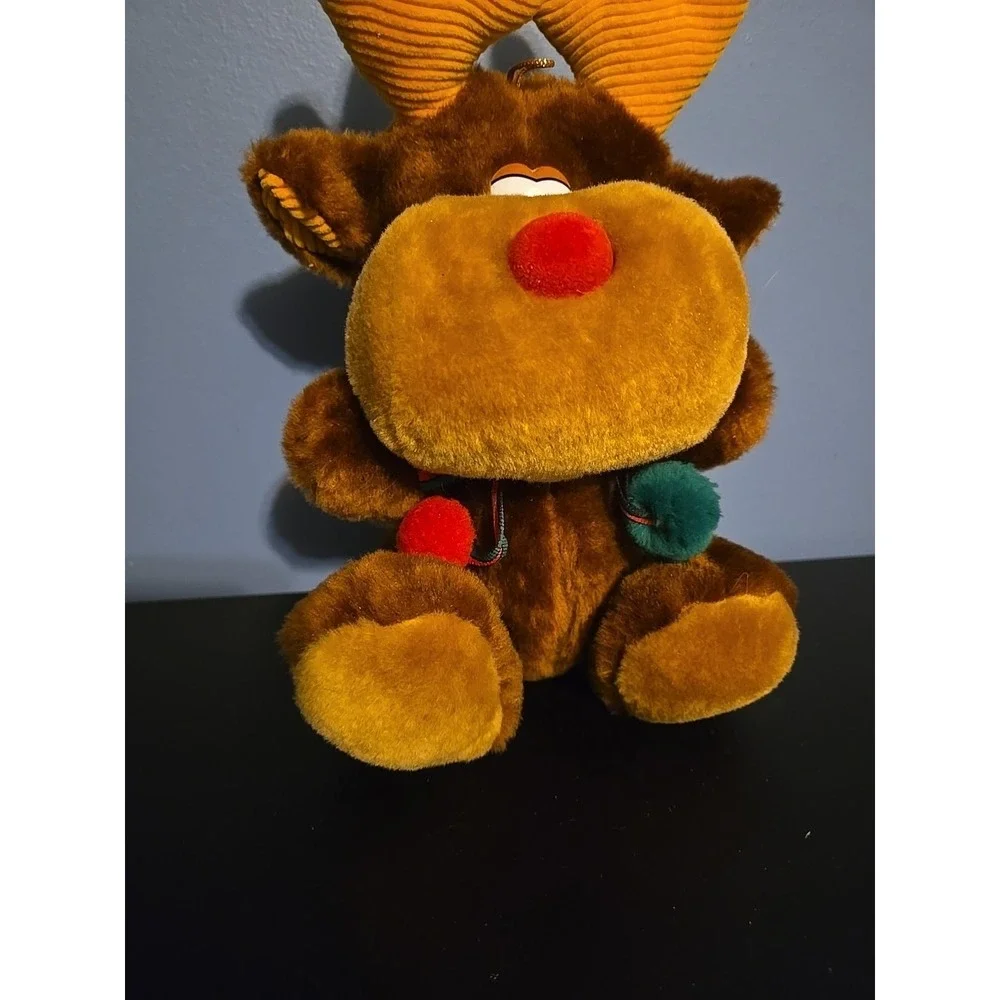 Vintage‎ Reindeer Plush Corduroy Antlers Red Green Christmas 10